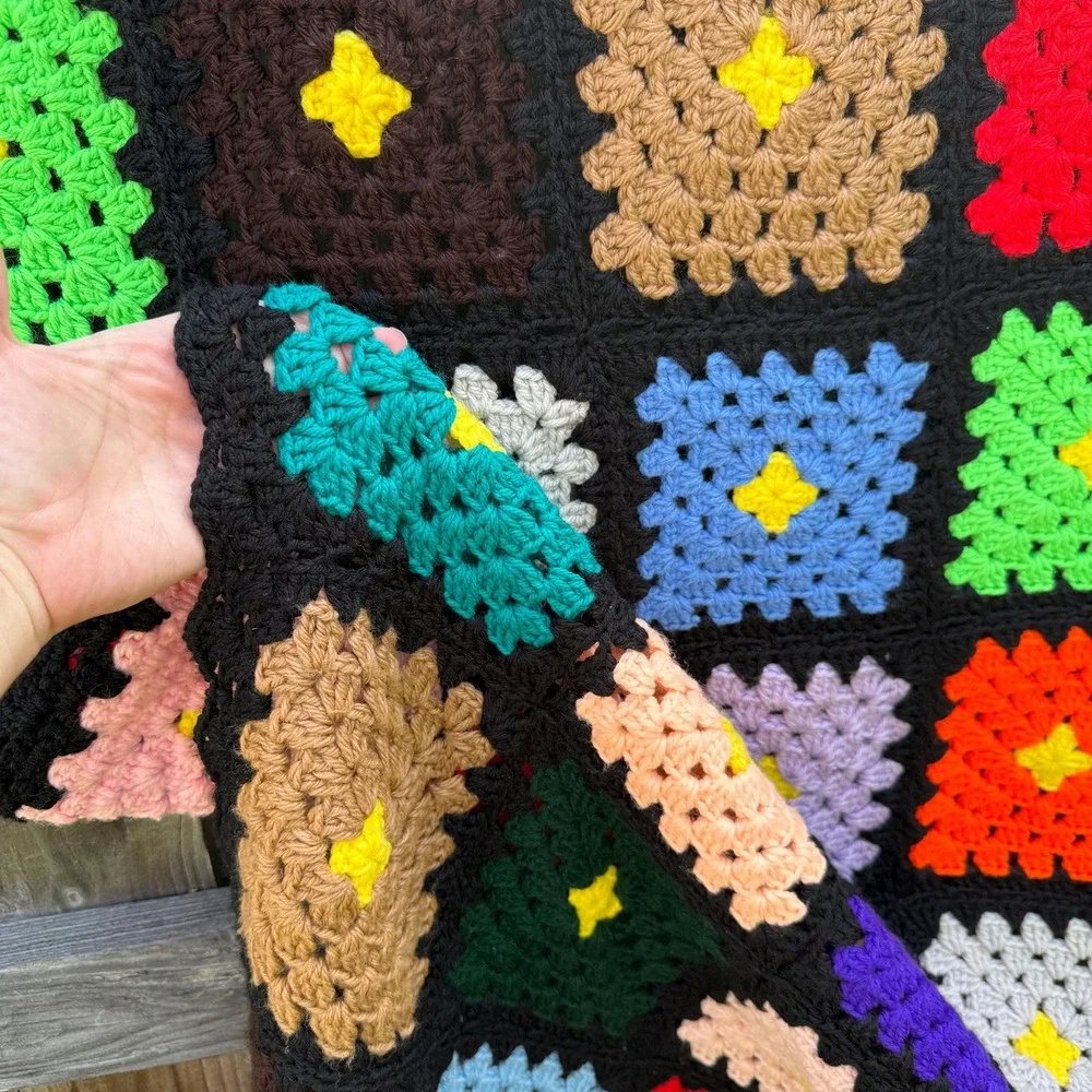 Vintage Handmade Granny Square Afghan Throw Blanket Black Multicolor 51x70
